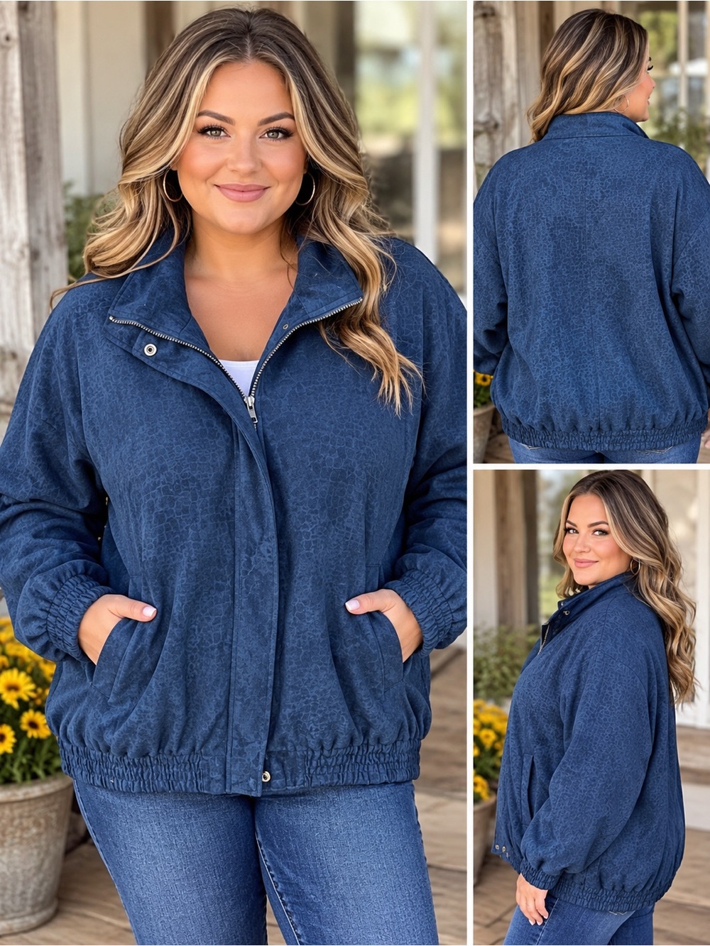 Vintage Kaktus Women's Navy Blue Zip-Front Jacket